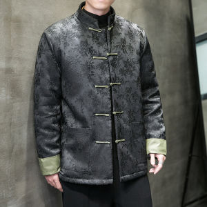 Mens Cotton Jacket Tang Costume Coat Thickened Stand Collar Button Design Large Size Hanfu Buddhist Clothes Winter Warmth