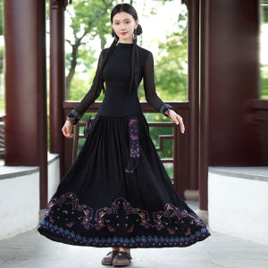 Phong Cách Trung Quốc Mới Dân Tộc Gió Thêu Sash Váy Dáng Chữ A Chân Váy Midi Cao Vòng Eo Viền Bèo Sợi Lenzing Vải Đi Làm Viền