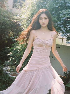 French Gentle Style Halter Dress Beach Vacation Waist Cinched Fairy Skirt Summer Season Softness Index Medium Pure Color Long Dress