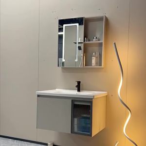 HT 80cm Cream Aluminum Bathroom Sinks Cabinet Basin Set Lavatory Sink with Mirror  Fcuacet