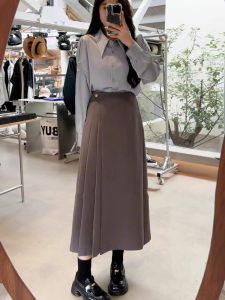 High Waist A-Line Skirt Womens Elegant Pleated Midi Skirt Korean Style Commute High Waist Slimming Skirt for plus Size