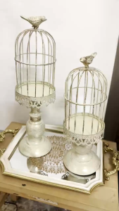1 set Dekorasi Sangkar Burung Vintage Elegan – Set Ornamen Meja Shabby Chic Tinggi 38cm & 30cm - Vintage Birdcage candle holder with rustic color putih hitam emas white black and gold