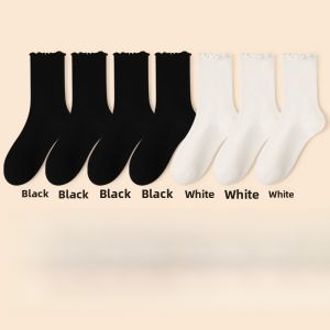 Miiow | Sweet Style Womens Mid-Calf Socks No-Cuff Earlet Lace Cotton Antibacterial Elastic Fiber Pure Color 7 Pairs Per Pack