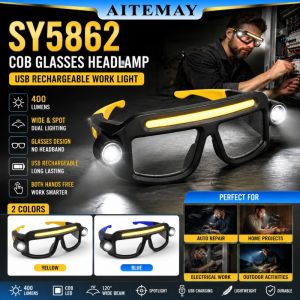 Aitemay COB Eyewear Headlamp USB Rechargeable 5 Modes IPX4 Lightweight for Repair Camping Hiking Blue Yellow