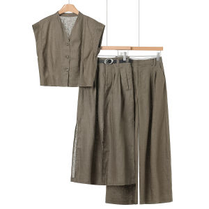 V-Neck Short Vest and Wide Leg Palazzo Pant Set Linen