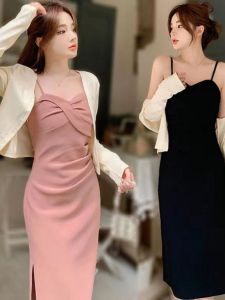 plus Size Womens Strapless Dress Korean Style High Waist Long Sleeve V-Neck Gown with Side Slit for Spring Summer