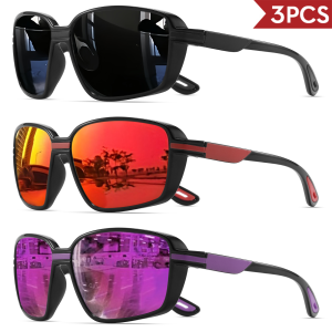 3PCS Classic Square Retro Polarized Sports Sunglasses - Oversized Wraparound Frame UV400 for Fishing Running Hiking & Travel