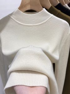 เสื้อสเวตเตอร์คอปกสูงครึ่งตัวสำหรับผู้หญิง ทรงสลิมฟิต ผ้าขนสัตว์ ทรงหลวม แขนยาว สีพื้น เสื้อสเวตเตอร์ถักสไตล์เกาหลี