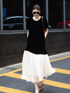 YUFUQING | French Splice Color Block Round Neck Short Sleeve Long Dress Women Summer New Design Loose Slimming High Waist A-Line Dress