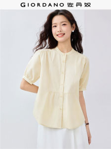 Giordano Womens Pure Cotton Shirts Short Sleeve Pleated Stand Collar Artistic Youthful Design Casual Sweet Style 05345465