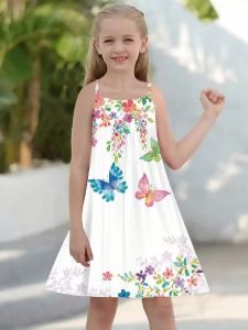 Girls Spaghetti Strap Dress Butterfly Floral Print Criss Cross Back Soft Sundress for Spring Summer Beach Holiday Kids Wear