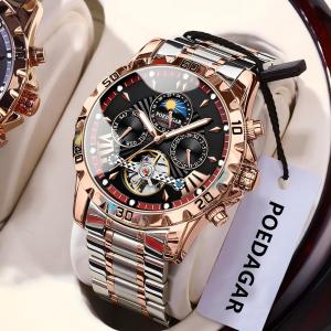 POEDAGAR Luxury Automatic Mechanical Men Watch Hollow Tourbillon Waterproof Luminous Male Clock Week Date Business Mens Watches