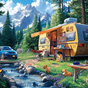 Jigsaw Puzzle Family Camping Scene Vintage Camper Van Mountains And Dogs For Adults Family Bonding Christmas Birthday Gift