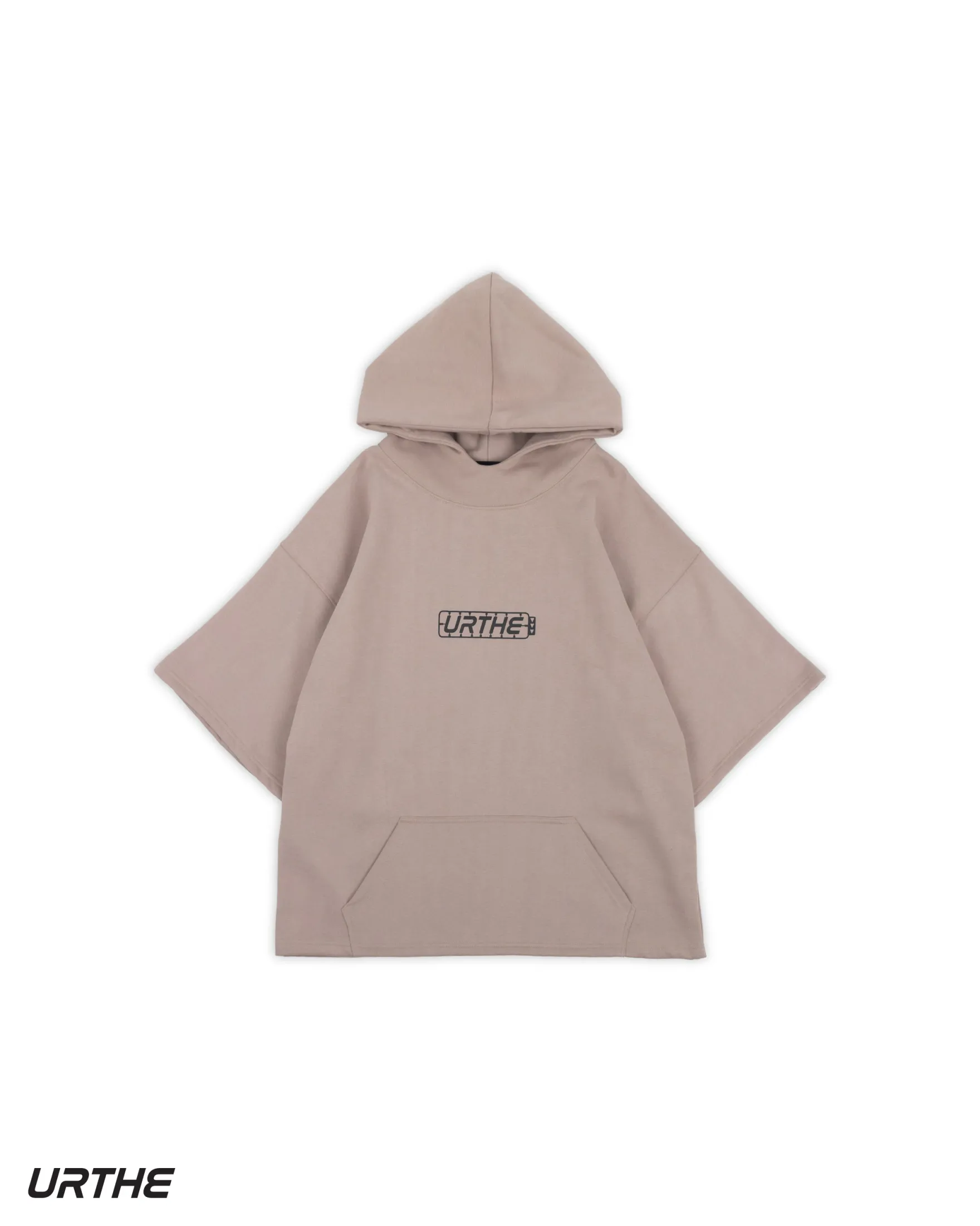 URTHE - เสื้อฮู้ด แขนสั้น OVERSIZE สกรีนลาย รุ่น THE PART HOODIE สีดำ สีขาว สีม่วง สีน้ำตาล