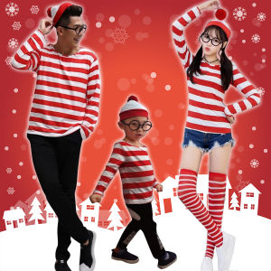 S-XXL Parent-Child Cartoon Where is Wally Waldo Costume Cosplay Christmas Striped T-Shirt Hat Glasses Socks Suit for Kids Xmas Cosplay Costume
