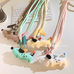 Cute Stuffed White Strip Puppy Long Shoelace Phone Case Halterneck Long Shoelace Neck Rope Fun Cotton Filling Little Doll Pendant Go out Crossbody Phone Rope Durable Strong Blue Knitted Belt Neutral Hanging Shoulder