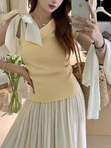 French Butterfly Knot Short Sleeve T-Shirt Womens Summer Slimming Knitted Casual Top Pure Color Shoulder Baring Trendy