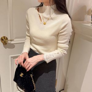 Black Lace Hollow out Long Sleeve Womens T-shirt Slim Fit Base Shirt Inner Wear Design Sense Korean Style Commute Wind