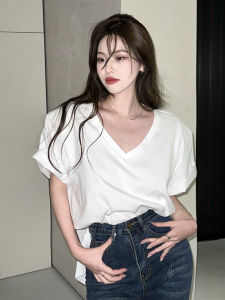 Summer Womens Cotton T-shirt V-neck Padded Shoulder Short Sleeve Korean Style Commute Regular Length Pure Color Fashion Design