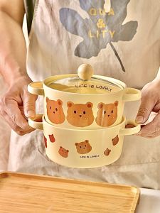 Large Capacity Ceramic Bowl with Lid Double Ear Soup Bowl Cute Cartoon Design for Instant Noodles And Rice Noodles Korean Style