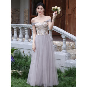 Elegant Grey Maids Dress Korean Style Embroidered Short Sleeve Long Gown for Wedding Party Sister Suit Female Model