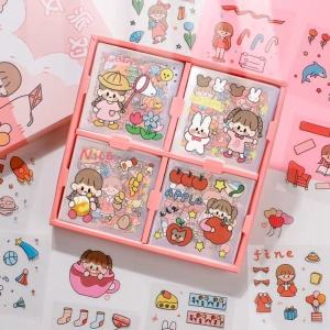 100pcs cartoon-themed Stickers Gift Box For Children PET Transparent Washi Material Creative DIY Handbook Miniature Scene Stickers Girl/Boy Cartoon DIY Stickers