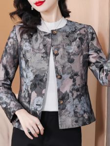 New Chinese Style Short Coat Ladies Fashion Spring Autumn Winter Small Size Windbreaker Mom Top round Neck Single Button