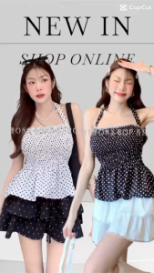 Ambella พร้อมส่ง เสื้อผูกคอ ลายจุด ดีเทลคอเหลี่ยม new fashion collection
