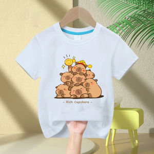 Cute Capybara Loves Bubble Tea print kids T-Shirt summer childrens pure cotton short-sleeved casual tops boys and girls gifts