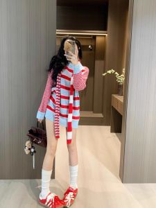Fashionable Striped Knitwear Womens Mid-Length Sweater Early Spring Small Size Clothing Design Japanese Sweet Style Long Sleeve