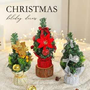 Table Top Small Christmas Tree with Ribbon Bow Ball Decoration Artificial Xmas Tree Home Office Party Desktop Decoration