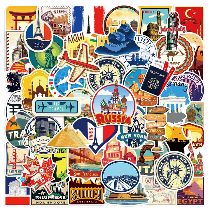 10/30/50pcs Retro World Travel City Landscape Cartoon Stickers ...