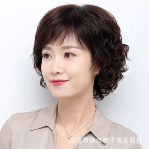 Wig Womens Short Curly Hair Realistic Mom Wig Slant Bangs Short Hair Fluffy Natural Middle-aged Womens Wig Full Headgear