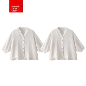 MiiOW | Artistic Linen Casual Shirt Loose Fit Thin Spring Summer Catman White V Neck Versatile Outdoor Wear Sun Protection Coat