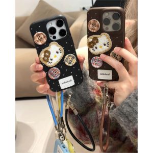 Cute Kitty Plush Button Design Phone Case for Apple 16Promax iPhone 14 Womens New Style 13 Leather Soft Shell 12 High Aesthetic 11 Lovely Cartoon