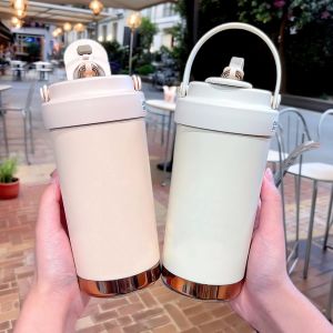 Leno Large capacity ceramic inner thermos cup for male and female students portable with straw dual drink car coffee cup