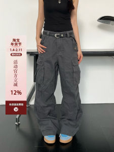 Loose Straight Leg Work Pants Men Women Street Style Vintage American Pocket Design Casual Long Trousers Trendy Cotton High Waist