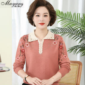 ชุดฤดูใบไม้ร่วงสำหรับคุณแม่แบบใหม่ปี2023เสื้อตัวในเสื้อเรียบหรูสไตล์ตะวันตกชุดผู้หญิงวัยกลางคนเสื้อไหมพรมเสื้อขนแกะคอปกสำหรับฤดูใบไม้ผลิและฤดูใบไม้ร่วง