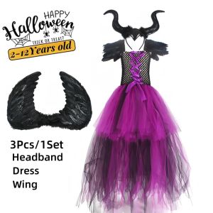 Maleficent Costume Dress Halloween Girls Fancy Christening Black Glam Gownprom Girls Cosplay Demon Queen Witch Clothes