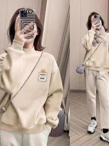 Thickened Pure Cotton Hoodie Womens Loose Fit Autumn Winter Half High Collar Fleece Lined Inner Wear Fashionable Top