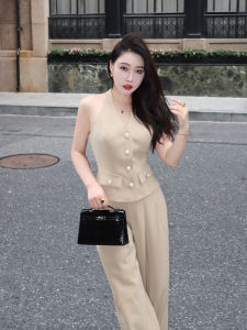 Reve High-End Pearl Trimmed Wide Leg Suit Pants And Vest Set Vintage Money Style Fashionable Womens Ensemble Polyester 100%