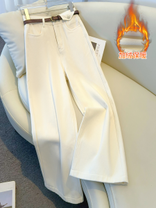 Womens Winter Thickened Fleece Wide Leg Jeans High Waist Straight Cut Slim Fit Bootcut Trousers High Warmth Casual Jeans