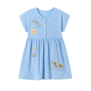 Summer Girls Dress 2-7T Short Sleeve Costume Embroidery Applique Stars Baby Girls Party Birthday Frock with Buttons Kids Wear