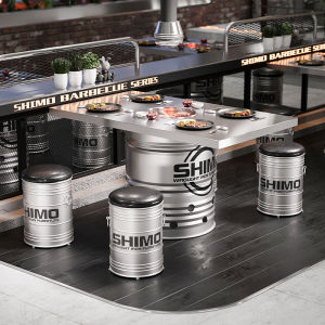 Industrial Style Stainless Steel BBQ Table Restaurant Dining Table round Oil Drum Table And Chair Combination Customizable