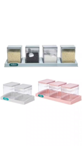 Bộ khay lọ vuông đựng gia vị HOKORI nhựa VIỆT NHẬT cao cấp - Trong suốt kèm muỗng - 2940/1/2