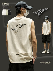 เสื้อกั๊กผู้ชายฤดูร้อนใหม่ระดับไฮเอนด์ปักลายสไตล์อเมริกันฟิตเนสหลวมบางหนังแกะไม่มีแขนเสื้อตัว T สีพื้น