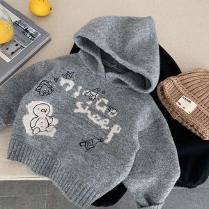 Thickened Knitted Hat Sweater for Girls Cartoon Pattern round Neck Long Sleeve Autumn Winter Childrens Clothing Korean Style