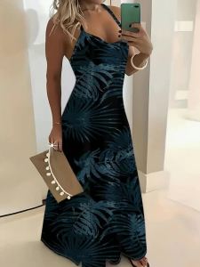 Printed Design Black & Teal Tropical Halter Maxi Dress