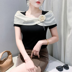 Yimei 2025 Áo thun cho nữ ngắn tay viền diềm xếp nếp hoa ba chiều độc đáo mới mùa hè chất liệu cotton