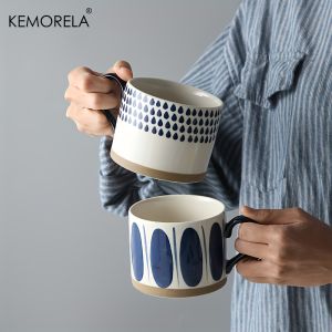2PCS Ceramic Coffee Mugs - Hand-Painted Geometric Blue & White Design Microwave Safe Reusable Round Cups for Coffee Tea Oatmeal